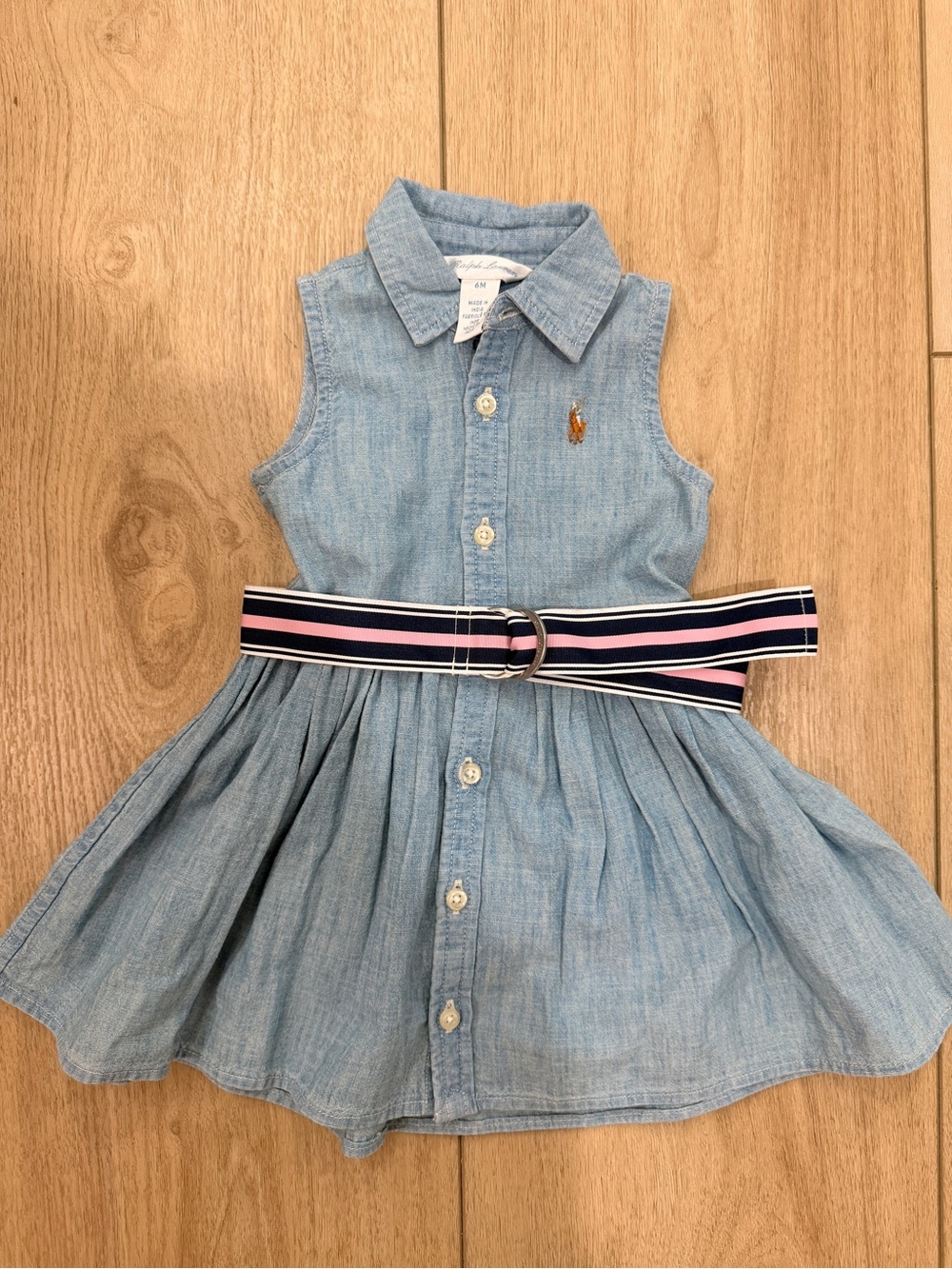 Polo by Ralph Lauren Light Blue Chambray Dress with Navy & Pink Striped Belt - Picture 2 of 8